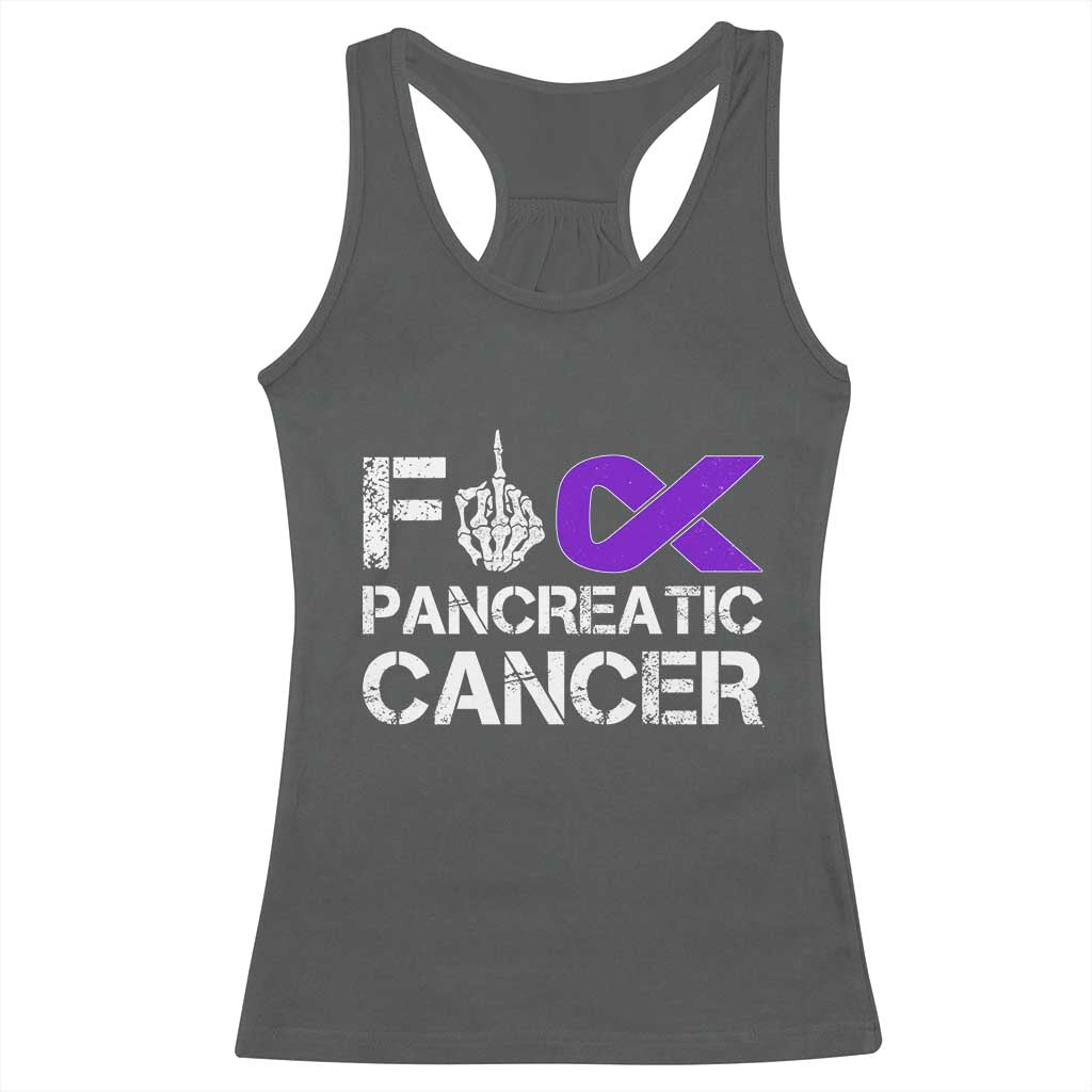 Fck Pancreatic Cancer Racerback Tank Top Purple Ribbon Skeleton Hand Graphic