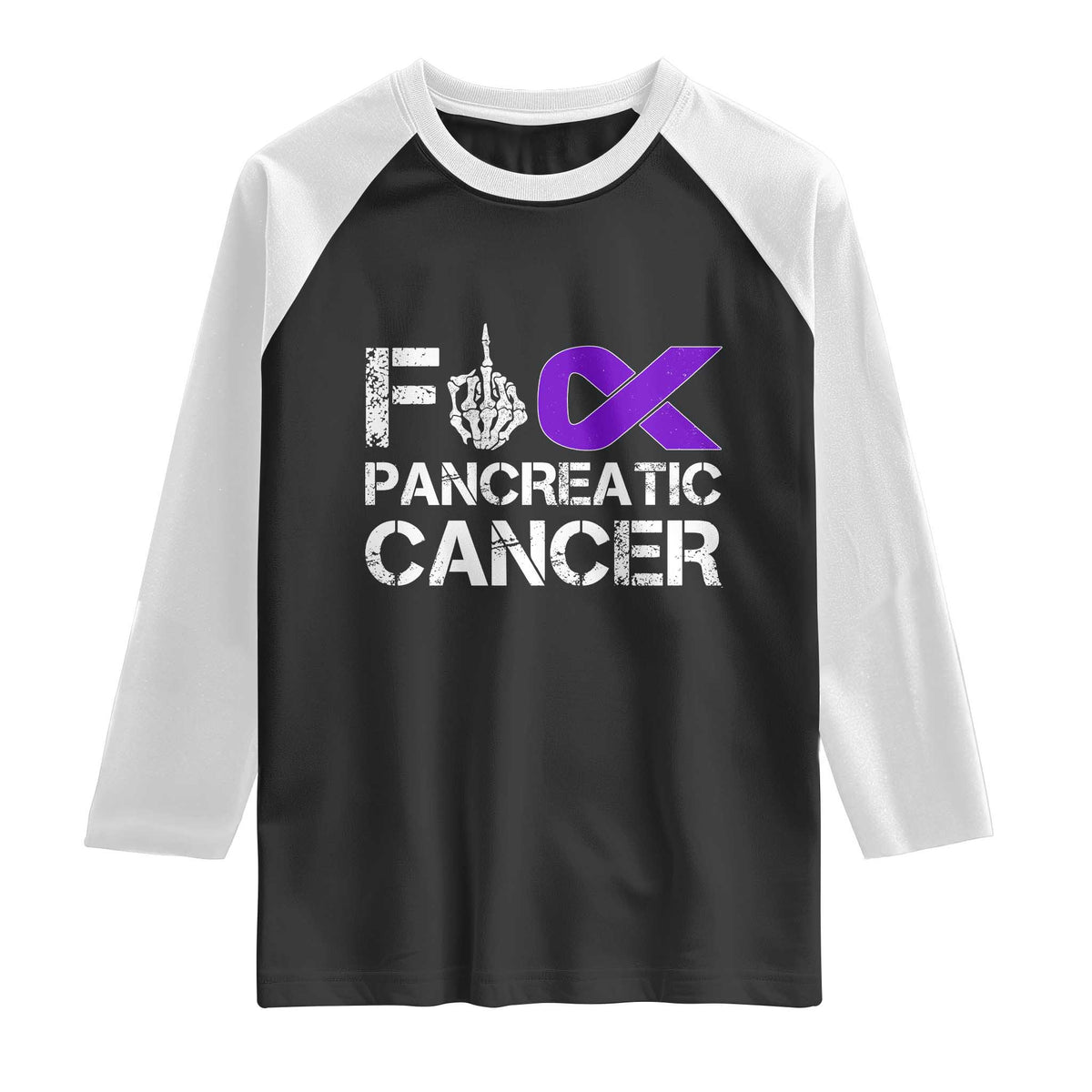 Fck Pancreatic Cancer Raglan Shirt Purple Ribbon Skeleton Hand Graphic