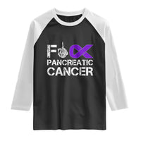 Fck Pancreatic Cancer Raglan Shirt Purple Ribbon Skeleton Hand Graphic