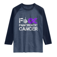 Fck Pancreatic Cancer Raglan Shirt Purple Ribbon Skeleton Hand Graphic