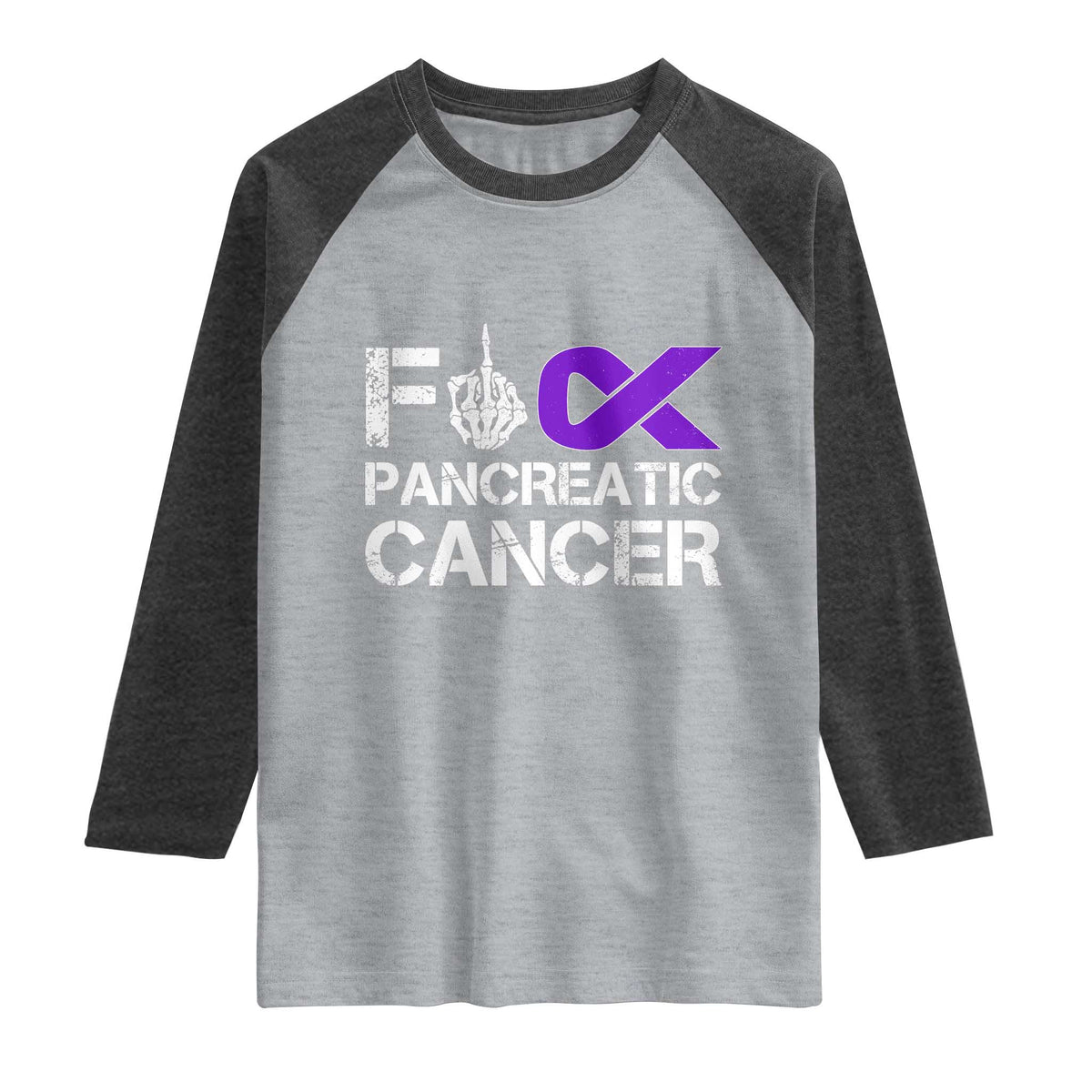 Fck Pancreatic Cancer Raglan Shirt Purple Ribbon Skeleton Hand Graphic