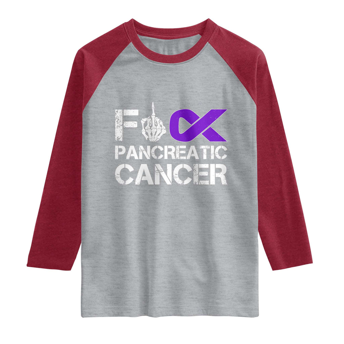 Fck Pancreatic Cancer Raglan Shirt Purple Ribbon Skeleton Hand Graphic