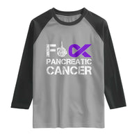 Fck Pancreatic Cancer Raglan Shirt Purple Ribbon Skeleton Hand Graphic