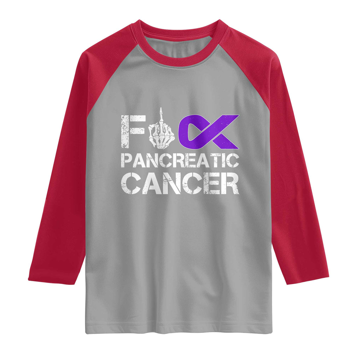 Fck Pancreatic Cancer Raglan Shirt Purple Ribbon Skeleton Hand Graphic