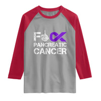 Fck Pancreatic Cancer Raglan Shirt Purple Ribbon Skeleton Hand Graphic