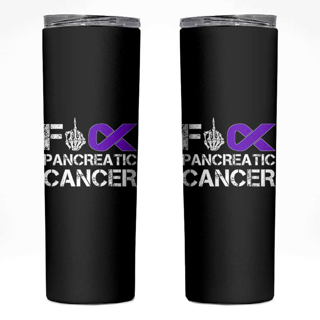 Fck Pancreatic Cancer Skinny Tumbler Purple Ribbon Skeleton Hand Graphic