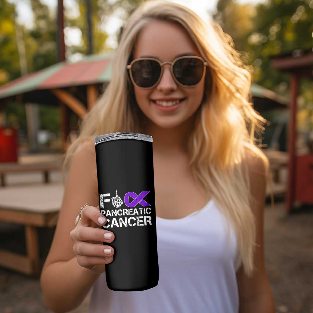 Fck Pancreatic Cancer Skinny Tumbler Purple Ribbon Skeleton Hand Graphic