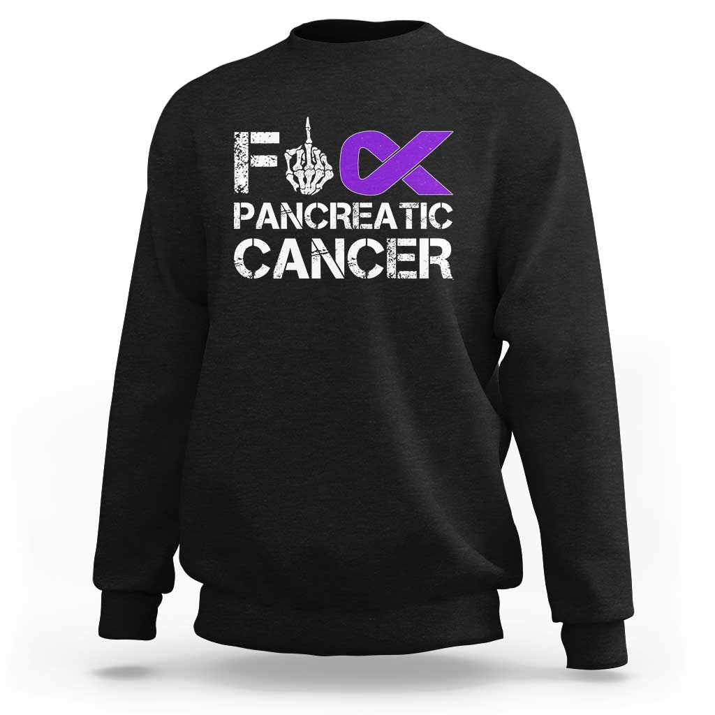 Fck Pancreatic Cancer Sweatshirt Purple Ribbon Skeleton Hand Graphic
