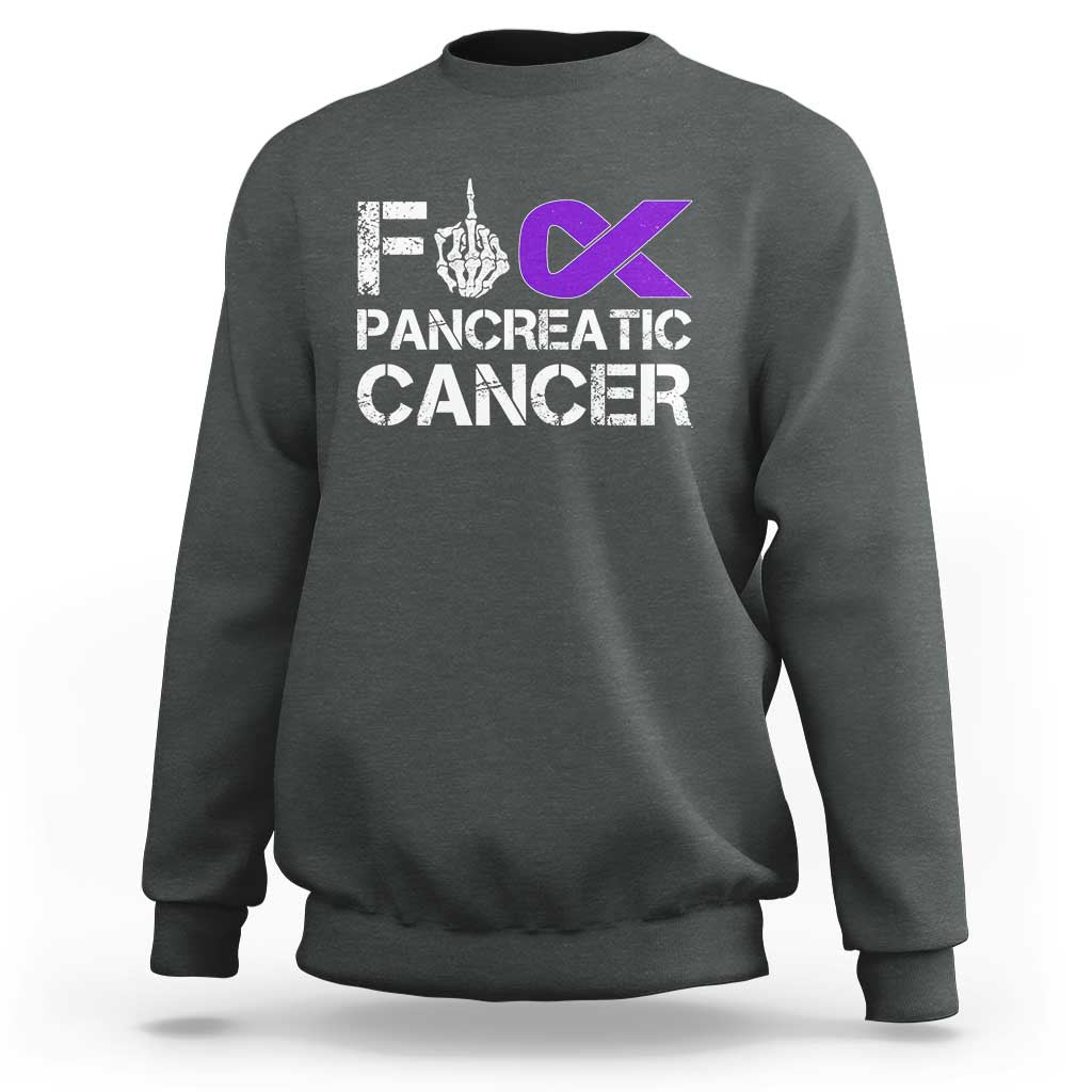 Fck Pancreatic Cancer Sweatshirt Purple Ribbon Skeleton Hand Graphic