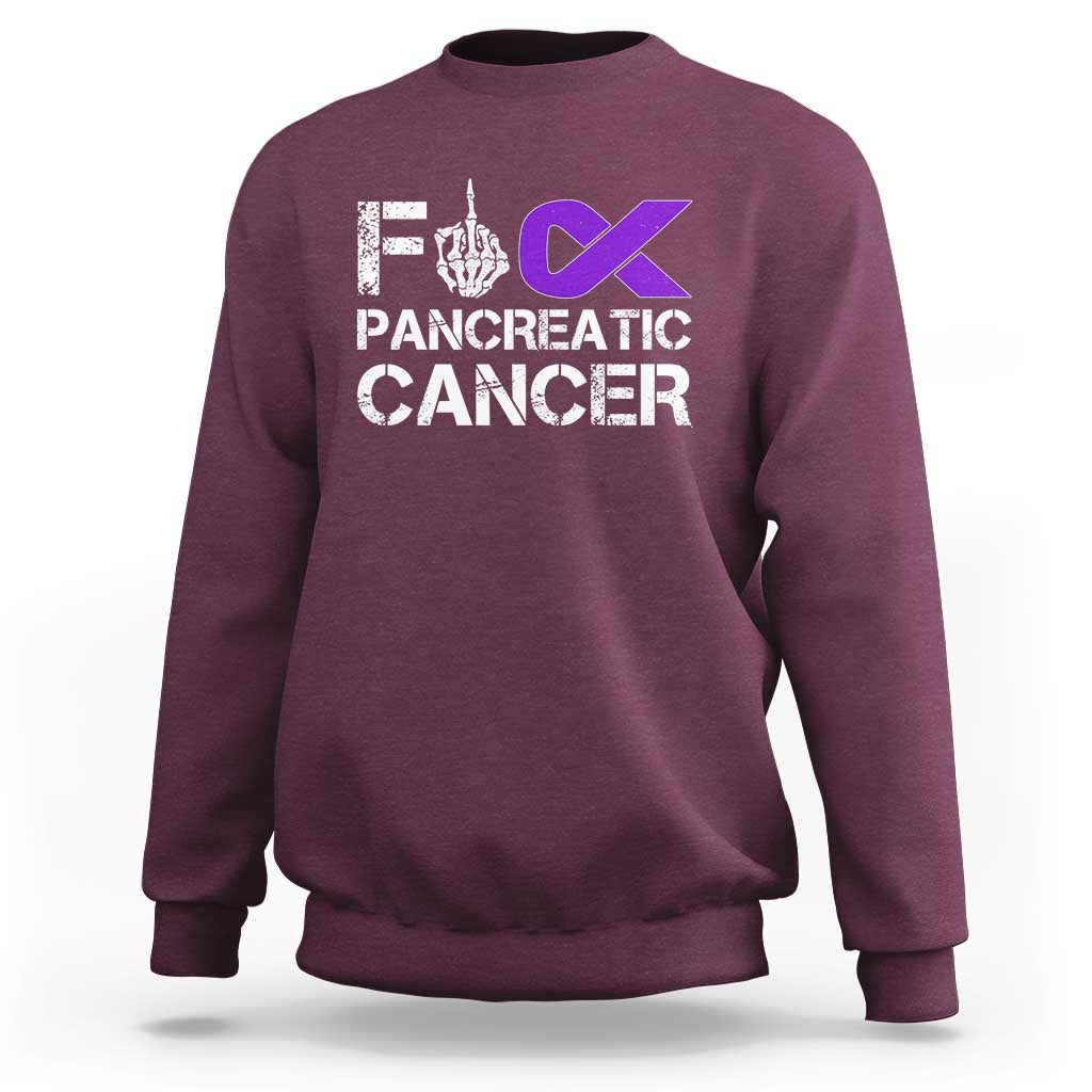 Fck Pancreatic Cancer Sweatshirt Purple Ribbon Skeleton Hand Graphic