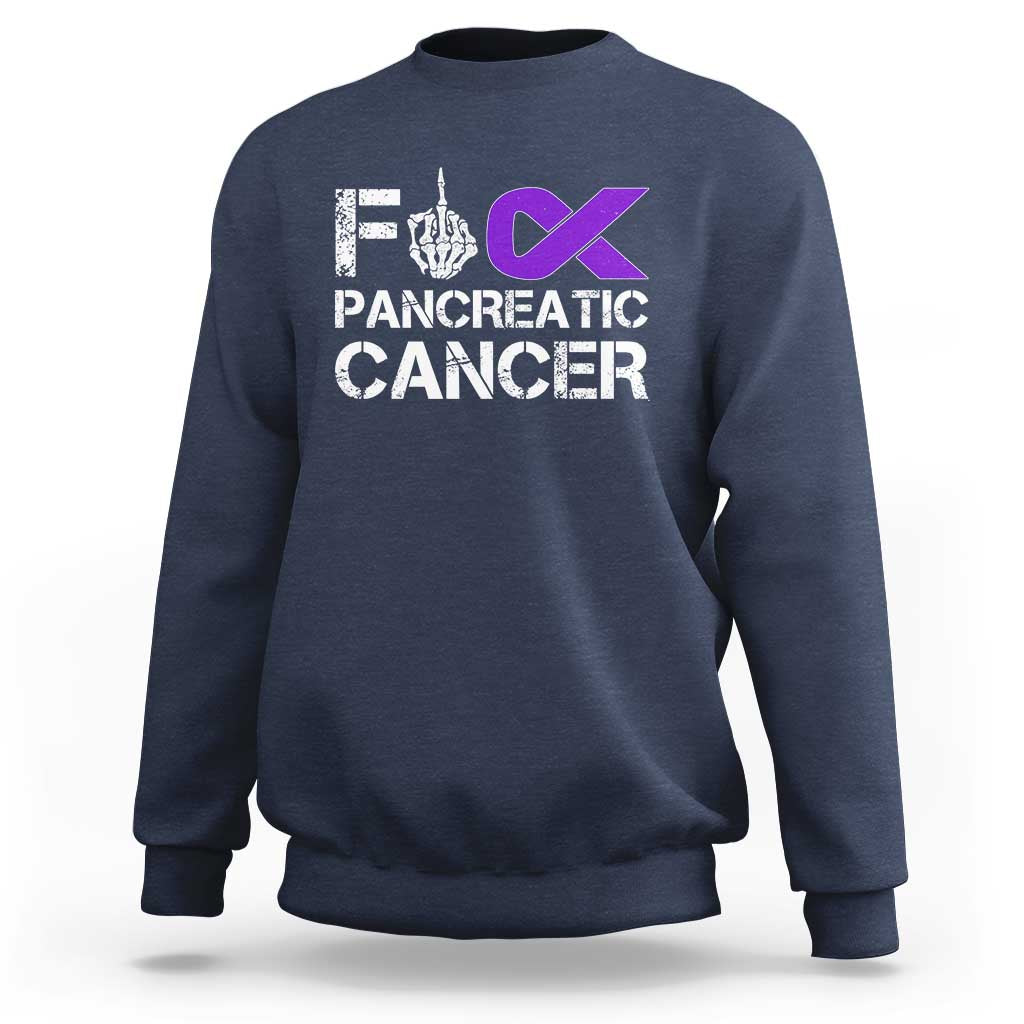 Fck Pancreatic Cancer Sweatshirt Purple Ribbon Skeleton Hand Graphic