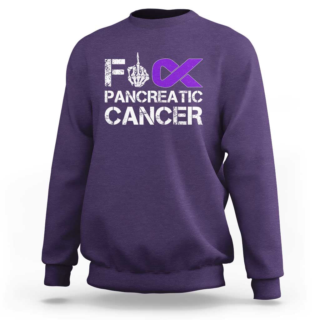Fck Pancreatic Cancer Sweatshirt Purple Ribbon Skeleton Hand Graphic