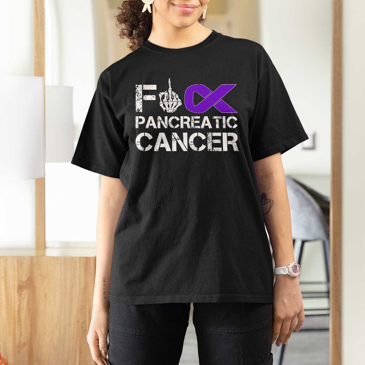 Fck Pancreatic Cancer T Shirt For Women Purple Ribbon Skeleton Hand Graphic