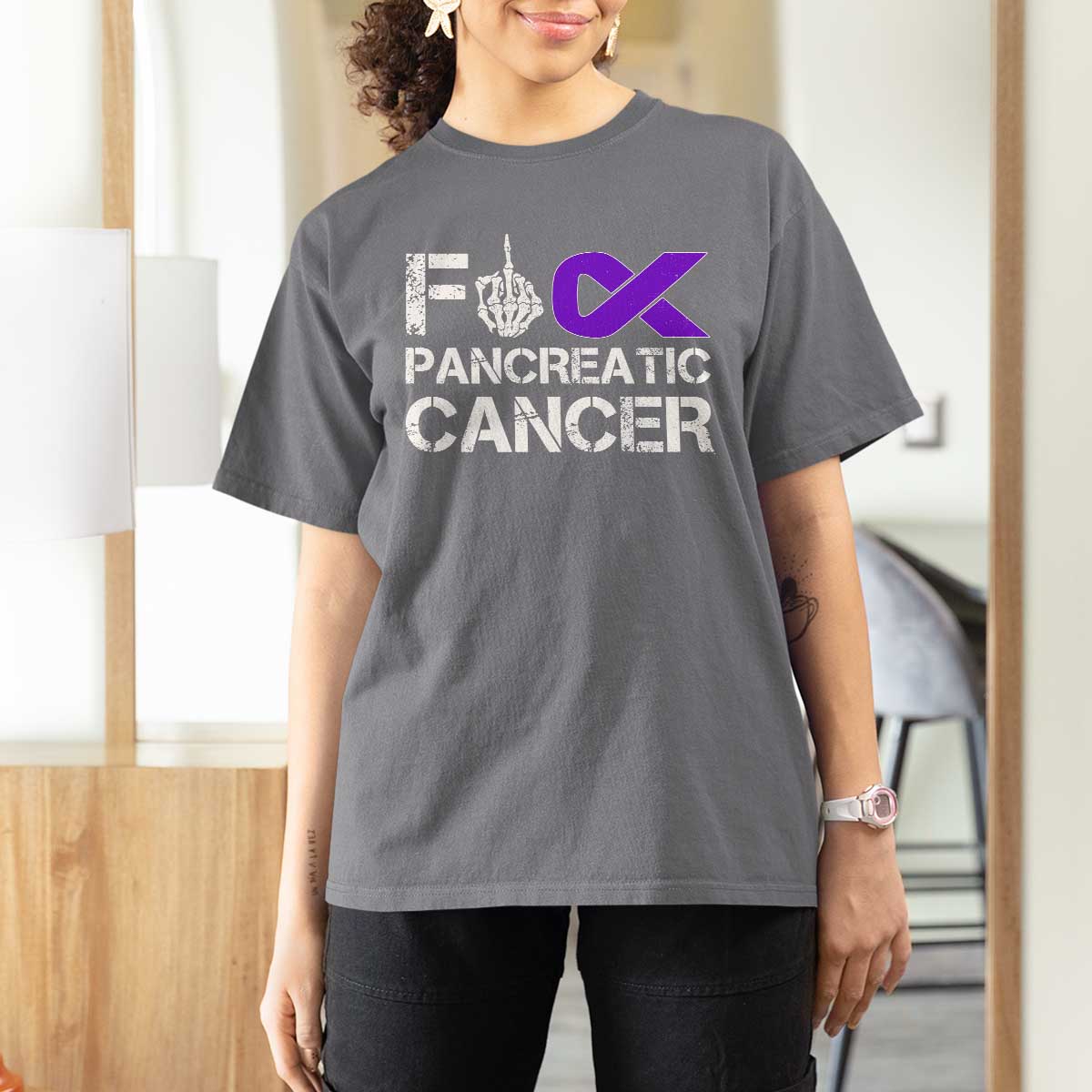 Fck Pancreatic Cancer T Shirt For Women Purple Ribbon Skeleton Hand Graphic