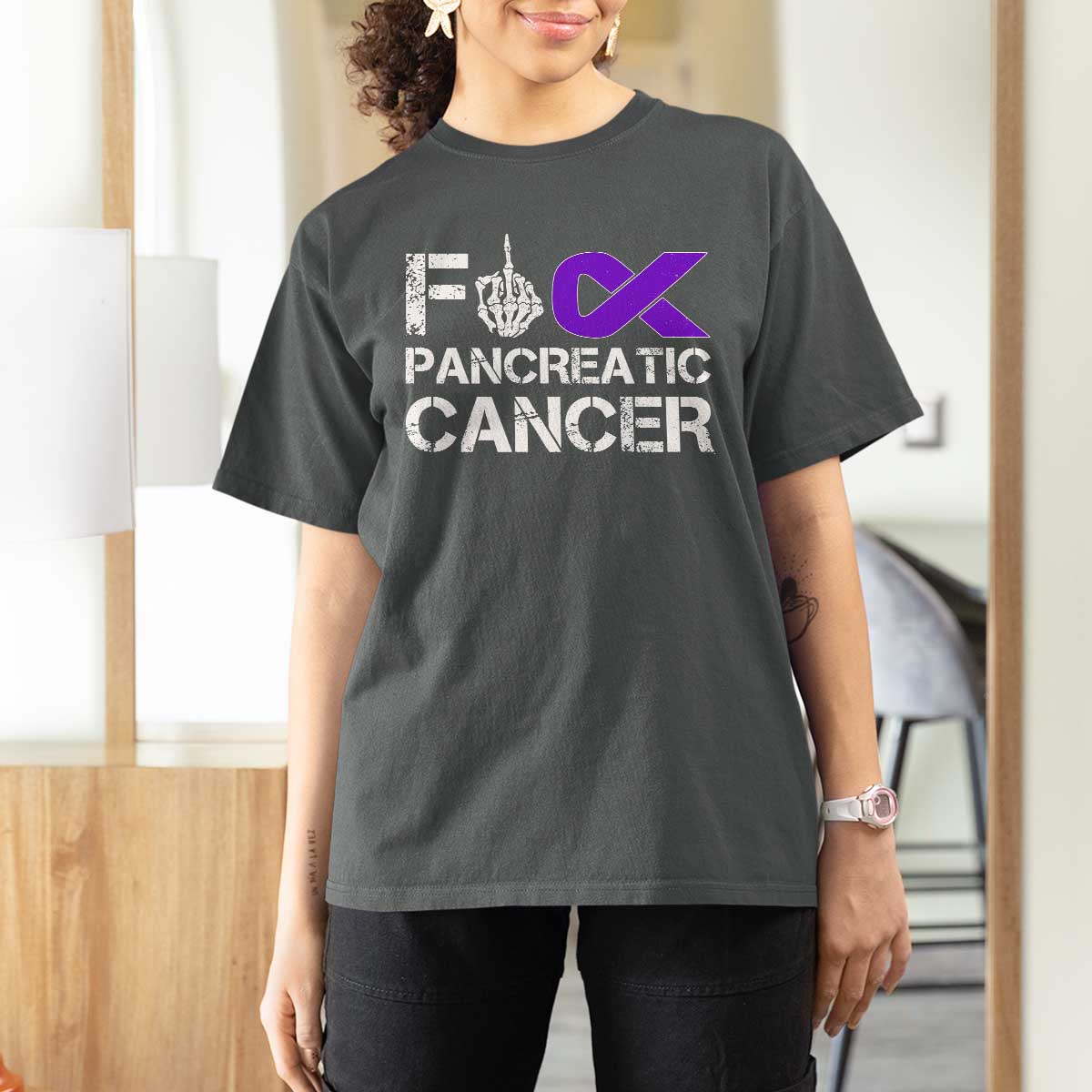 Fck Pancreatic Cancer T Shirt For Women Purple Ribbon Skeleton Hand Graphic