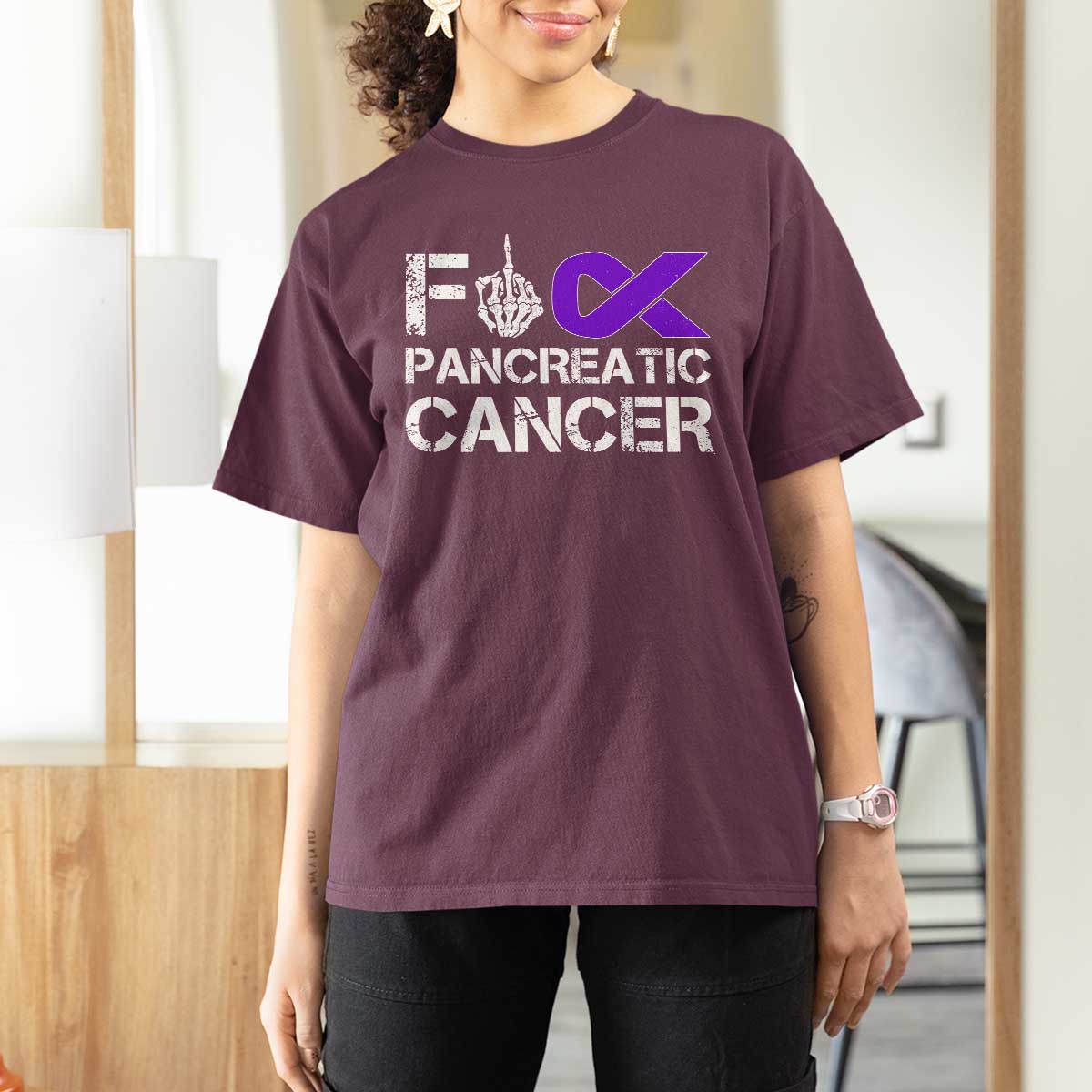 Fck Pancreatic Cancer T Shirt For Women Purple Ribbon Skeleton Hand Graphic