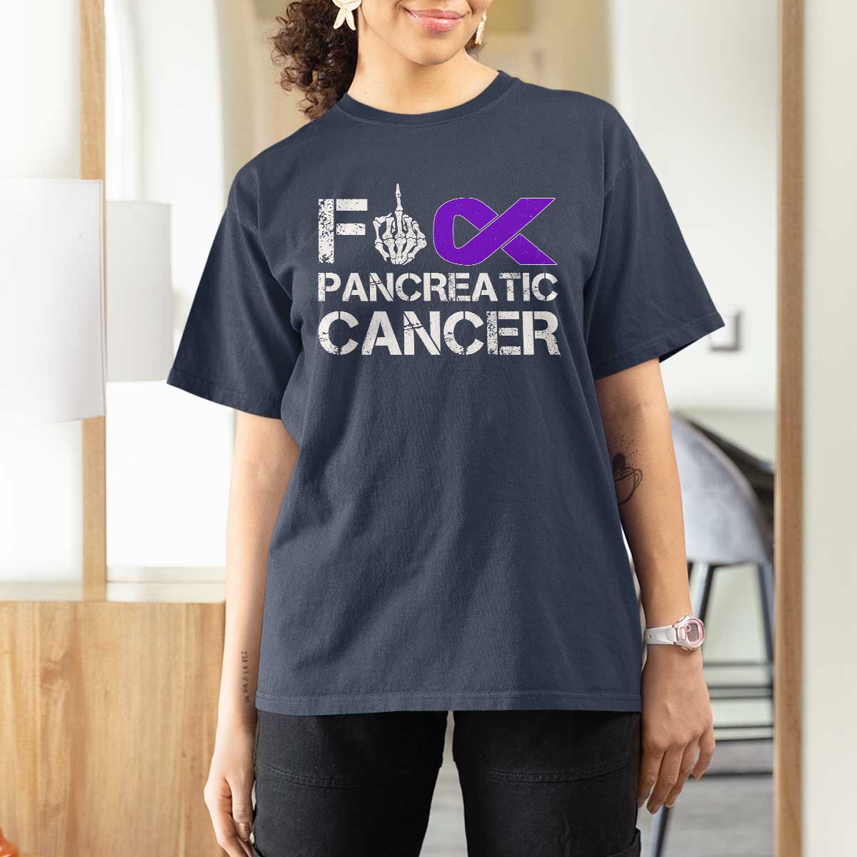 Fck Pancreatic Cancer T Shirt For Women Purple Ribbon Skeleton Hand Graphic
