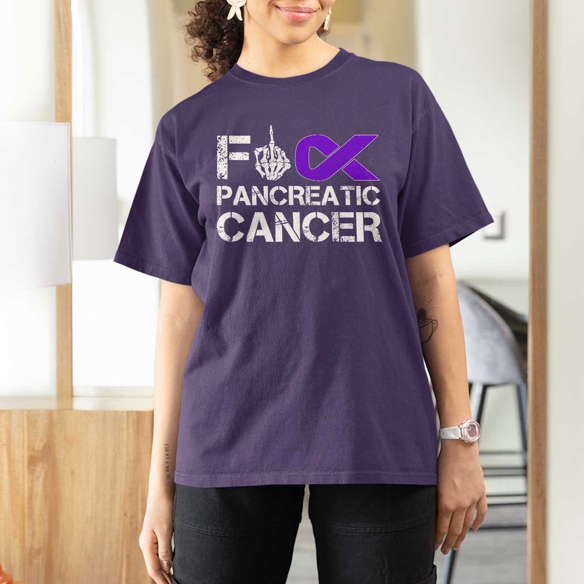 Fck Pancreatic Cancer T Shirt For Women Purple Ribbon Skeleton Hand Graphic