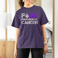 Fck Pancreatic Cancer T Shirt For Women Purple Ribbon Skeleton Hand Graphic