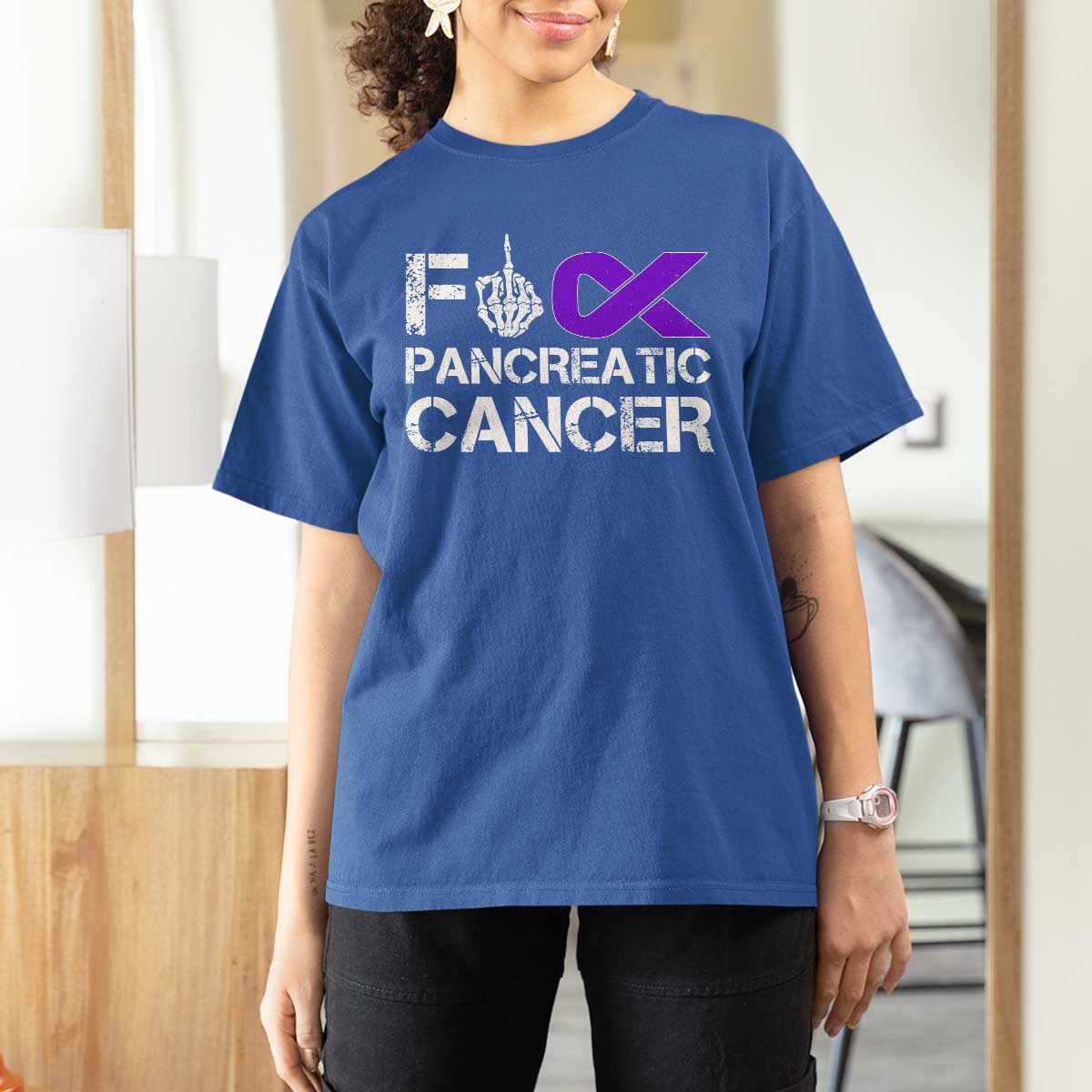 Fck Pancreatic Cancer T Shirt For Women Purple Ribbon Skeleton Hand Graphic