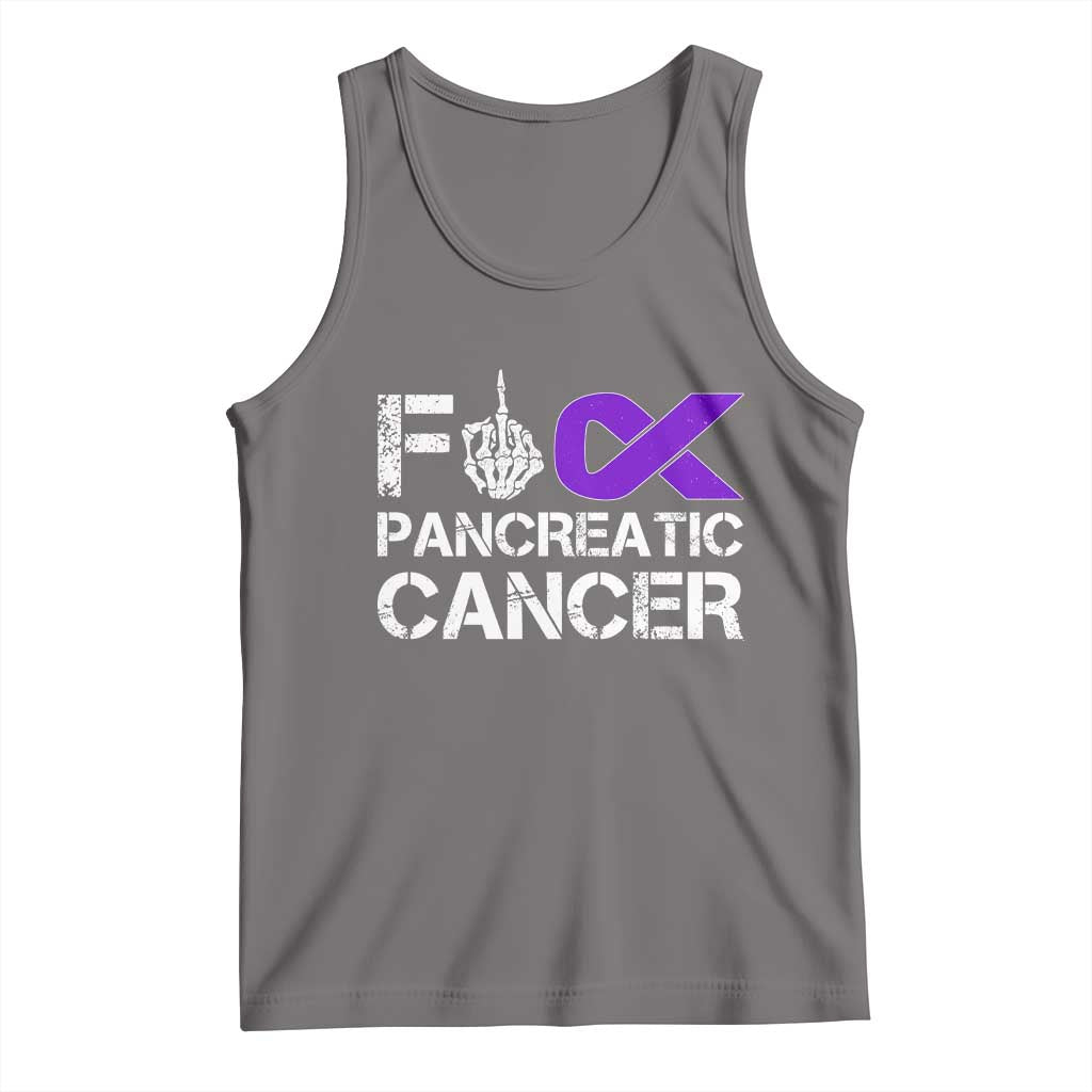 Fck Pancreatic Cancer Tank Top Purple Ribbon Skeleton Hand Graphic