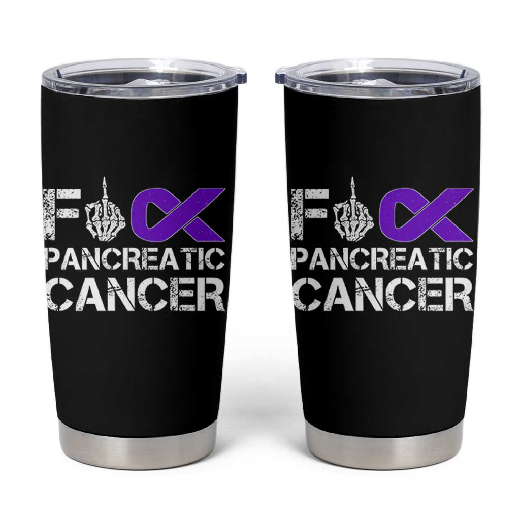 Fck Pancreatic Cancer Tumbler Cup Purple Ribbon Skeleton Hand Graphic