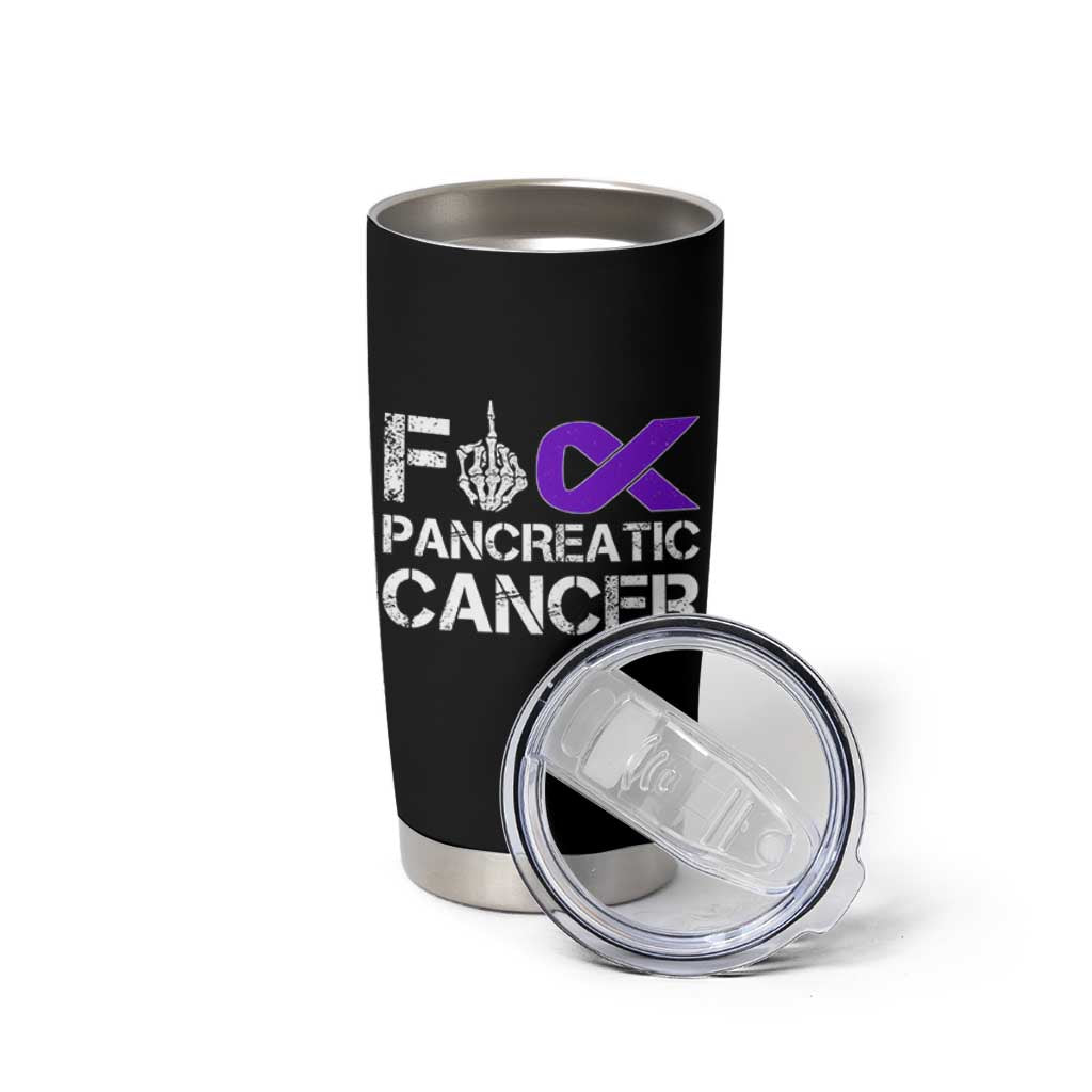 Fck Pancreatic Cancer Tumbler Cup Purple Ribbon Skeleton Hand Graphic