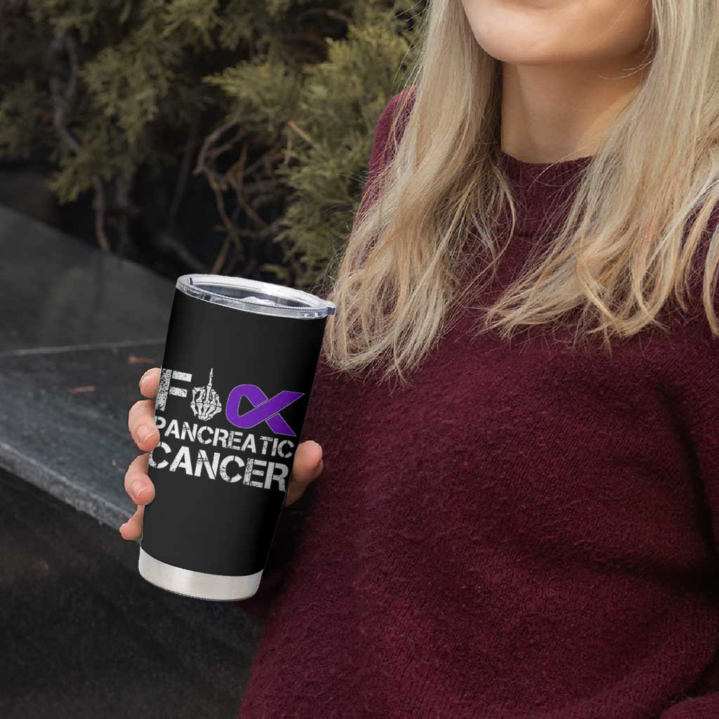 Fck Pancreatic Cancer Tumbler Cup Purple Ribbon Skeleton Hand Graphic