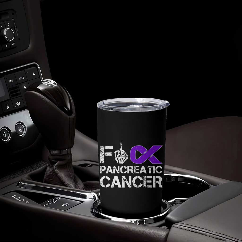 Fck Pancreatic Cancer Tumbler Cup Purple Ribbon Skeleton Hand Graphic