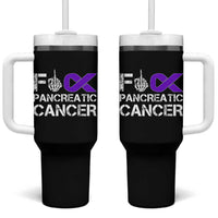 Fck Pancreatic Cancer Tumbler With Handle Purple Ribbon Skeleton Hand Graphic