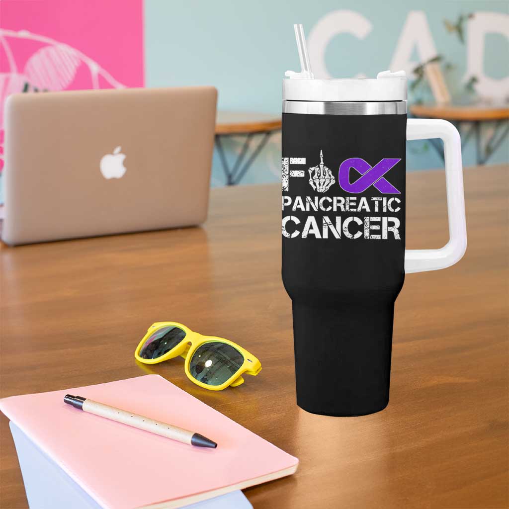 Fck Pancreatic Cancer Tumbler With Handle Purple Ribbon Skeleton Hand Graphic