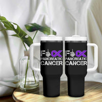 Fck Pancreatic Cancer Tumbler With Handle Purple Ribbon Skeleton Hand Graphic