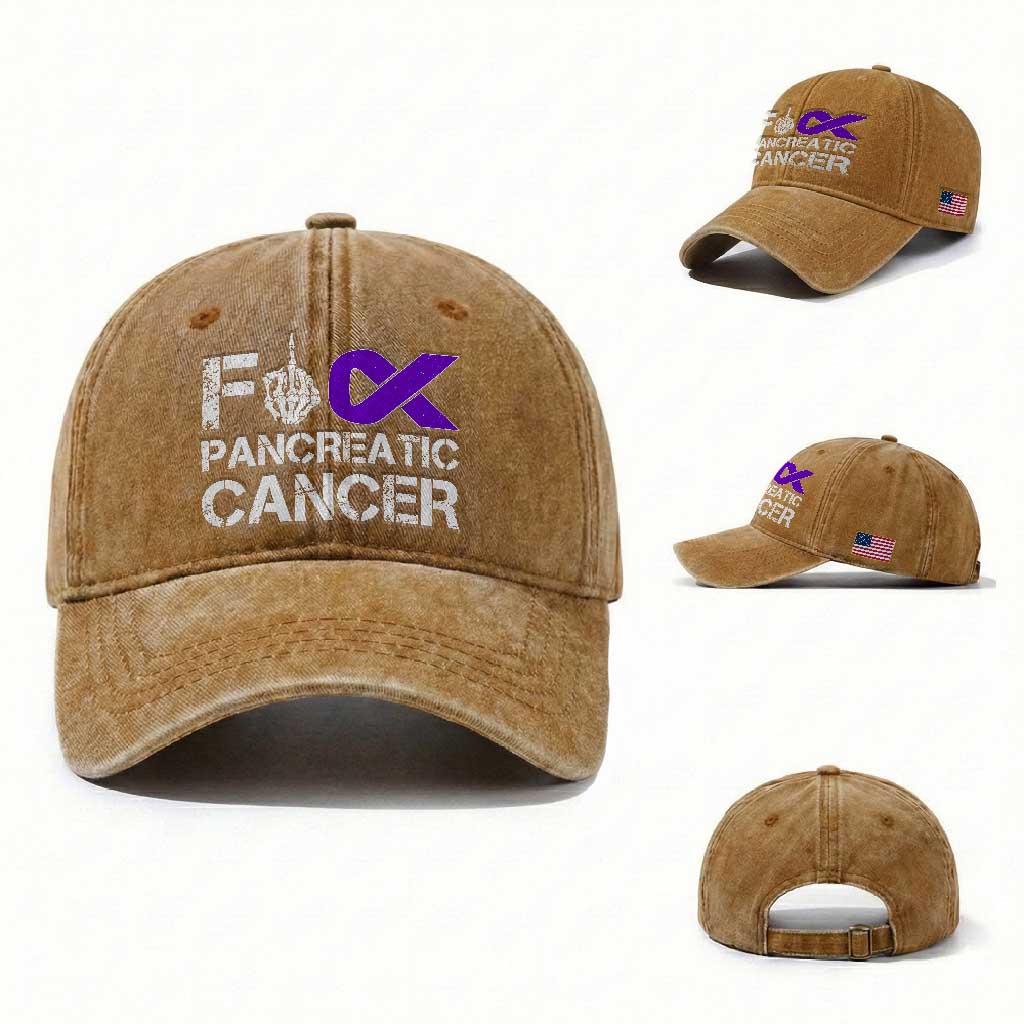 Fck Pancreatic Cancer Washed Cotton Baseball Cap Purple Ribbon Skeleton Hand Graphic
