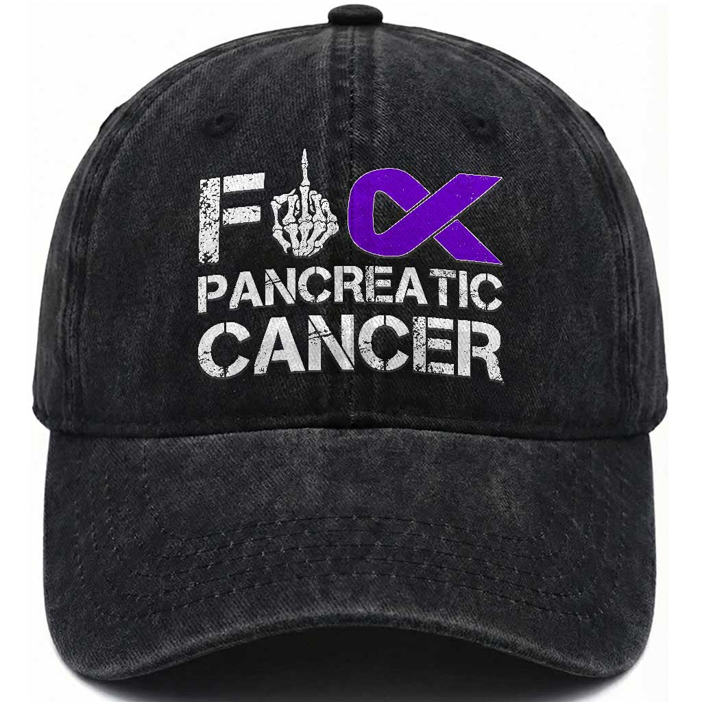 Fck Pancreatic Cancer Washed Cotton Baseball Cap Purple Ribbon Skeleton Hand Graphic