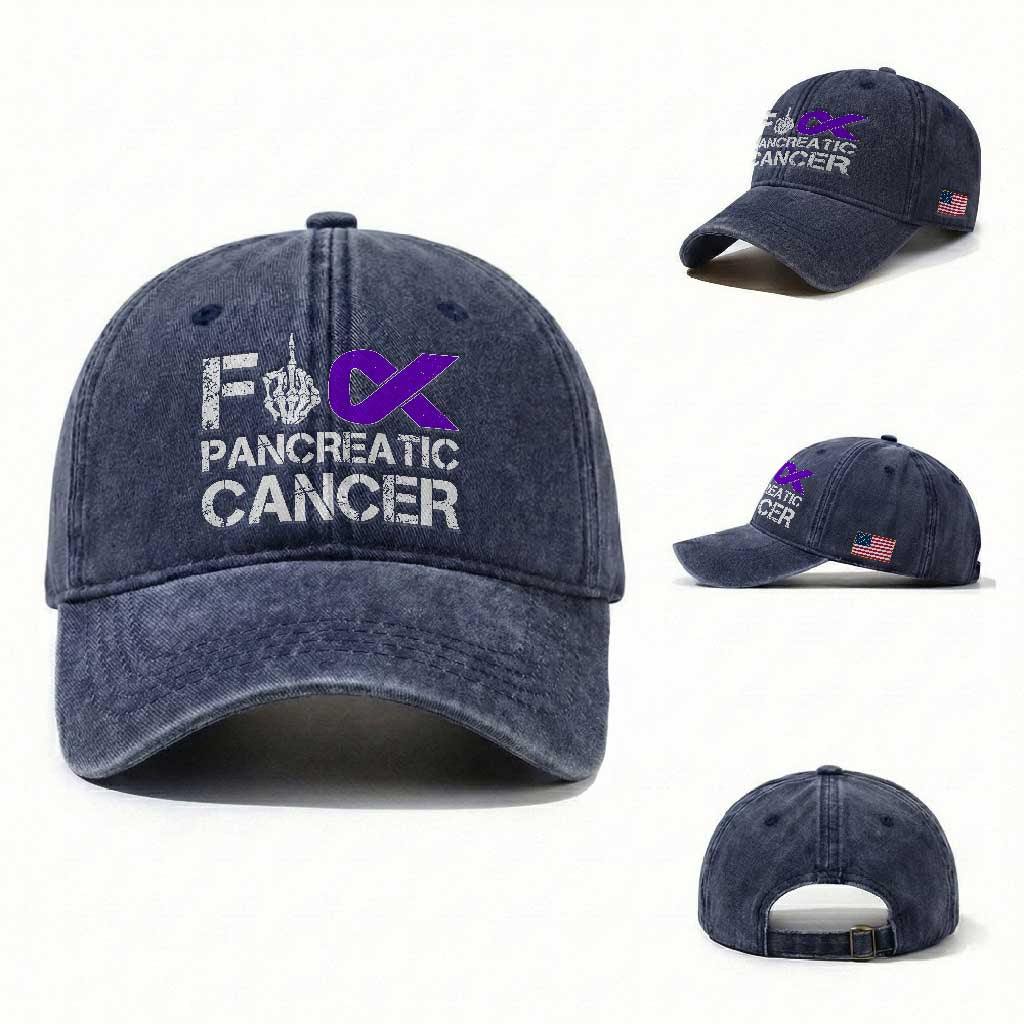 Fck Pancreatic Cancer Washed Cotton Baseball Cap Purple Ribbon Skeleton Hand Graphic