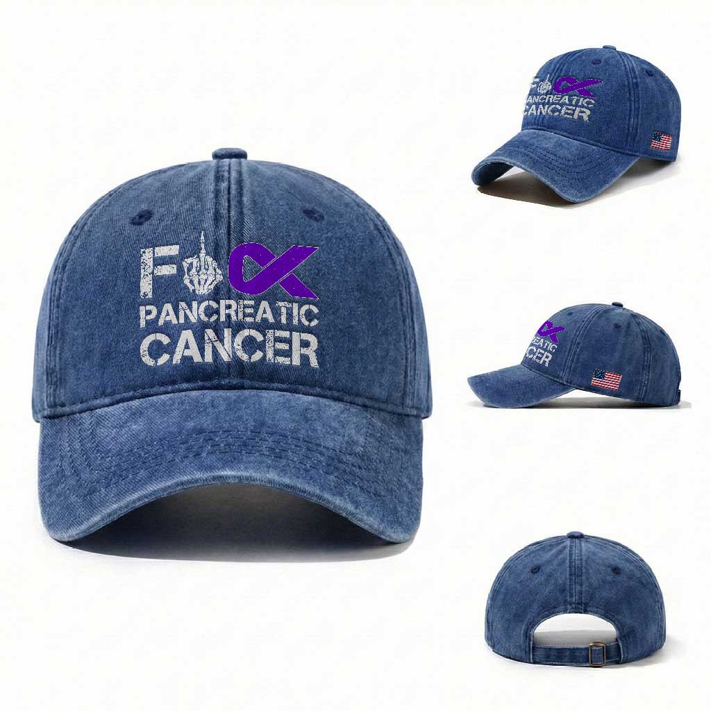 Fck Pancreatic Cancer Washed Cotton Baseball Cap Purple Ribbon Skeleton Hand Graphic