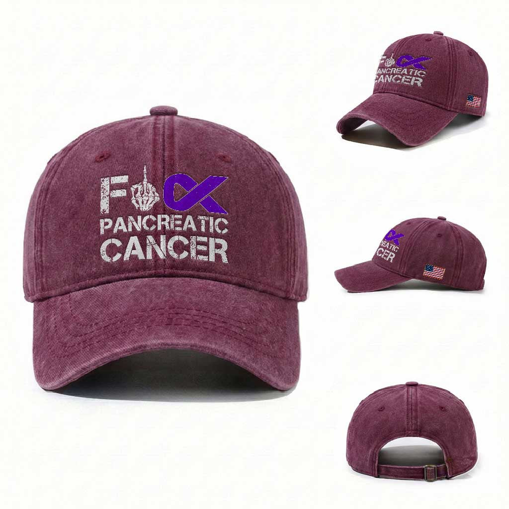 Fck Pancreatic Cancer Washed Cotton Baseball Cap Purple Ribbon Skeleton Hand Graphic