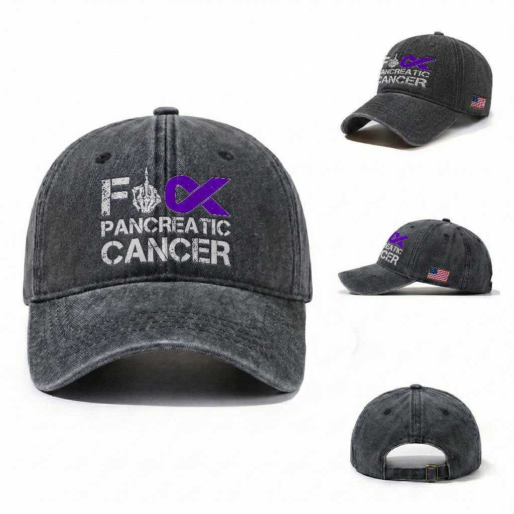 Fck Pancreatic Cancer Washed Cotton Baseball Cap Purple Ribbon Skeleton Hand Graphic