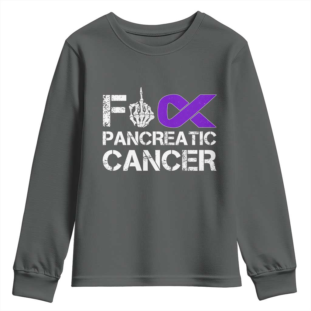Fck Pancreatic Cancer Youth Sweatshirt Purple Ribbon Skeleton Hand Graphic