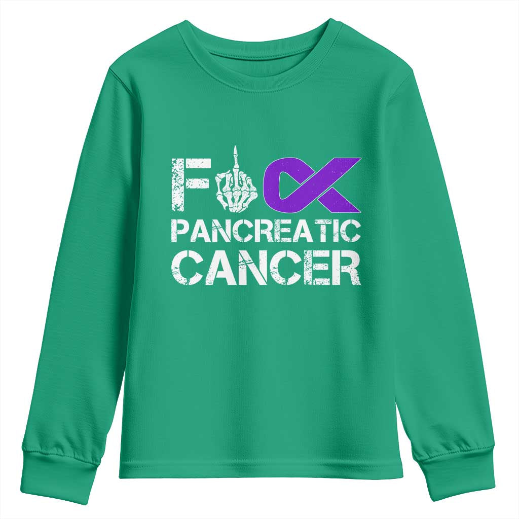 Fck Pancreatic Cancer Youth Sweatshirt Purple Ribbon Skeleton Hand Graphic
