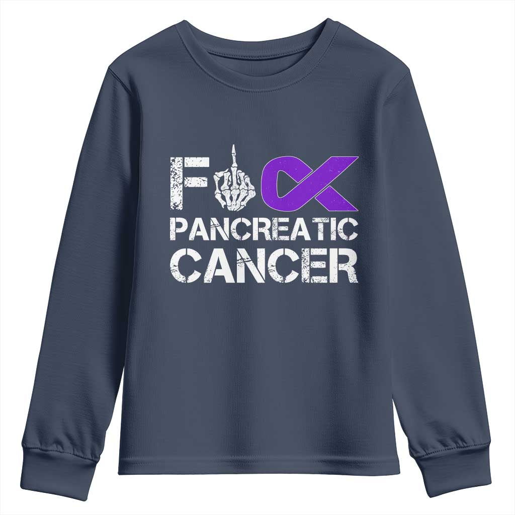 Fck Pancreatic Cancer Youth Sweatshirt Purple Ribbon Skeleton Hand Graphic