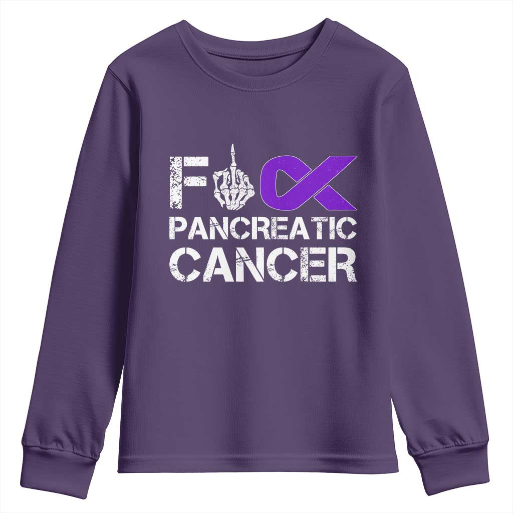 Fck Pancreatic Cancer Youth Sweatshirt Purple Ribbon Skeleton Hand Graphic