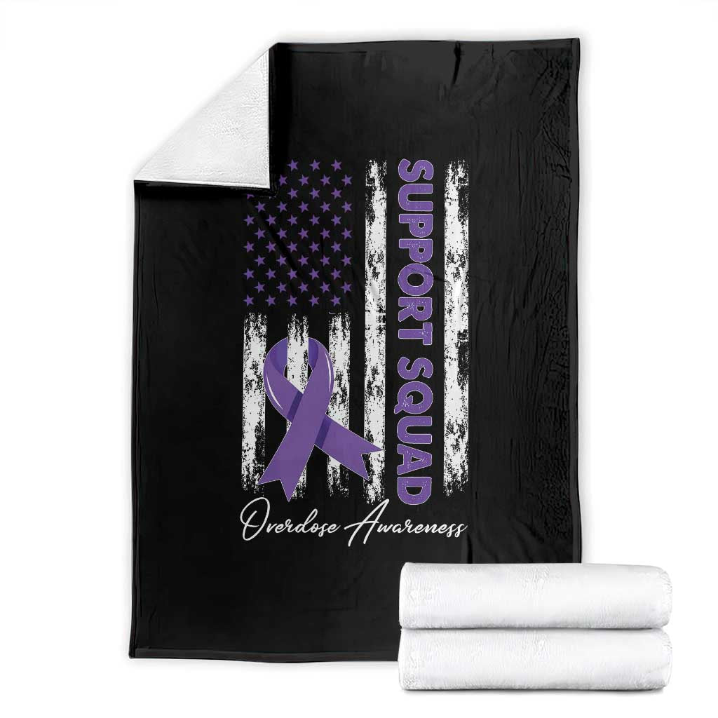 Support Squad Overdose Awareness Throw Blanket Purple Ribbon American Flag Graphic