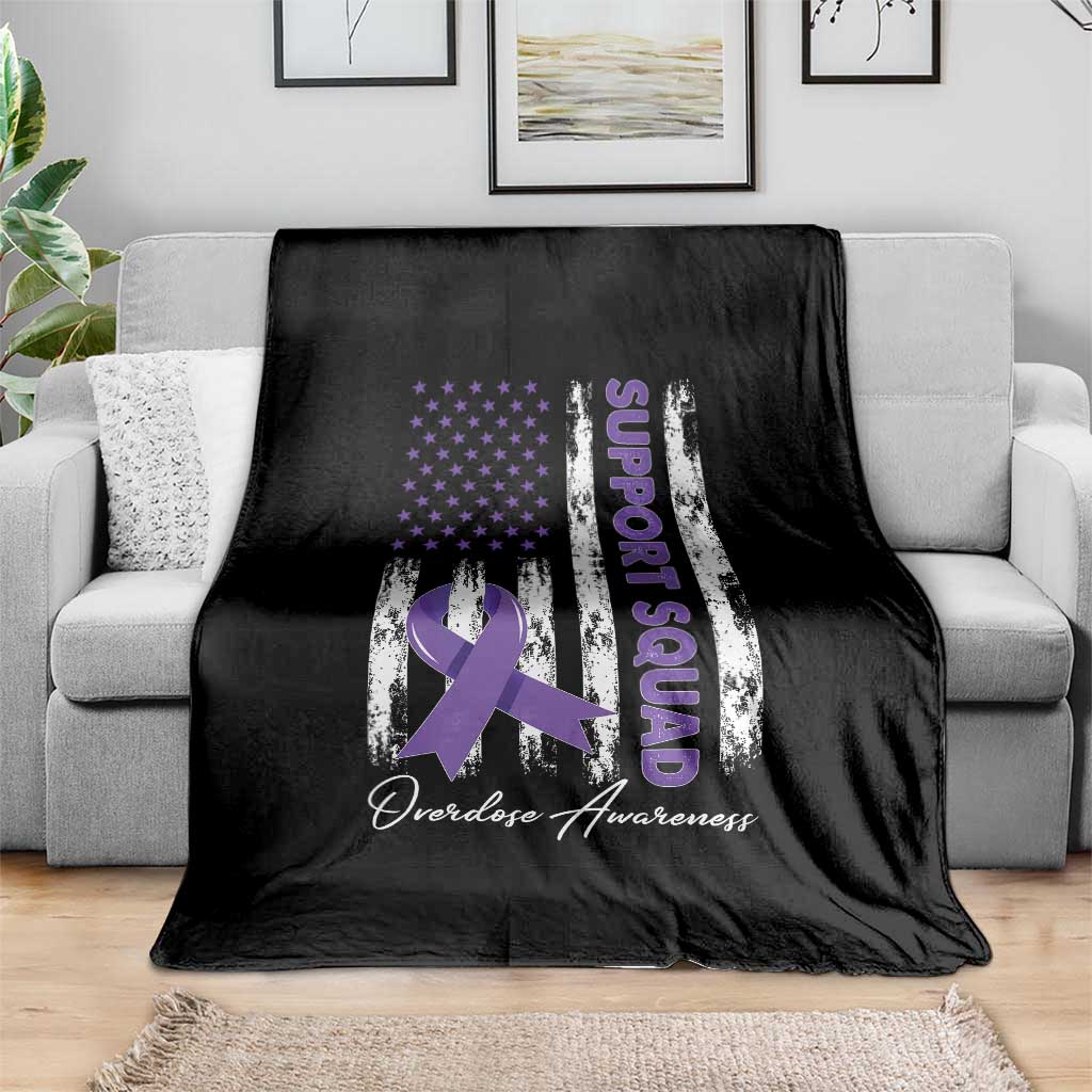 Support Squad Overdose Awareness Throw Blanket Purple Ribbon American Flag Graphic
