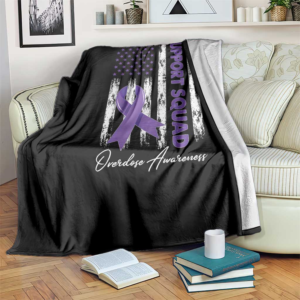 Support Squad Overdose Awareness Throw Blanket Purple Ribbon American Flag Graphic