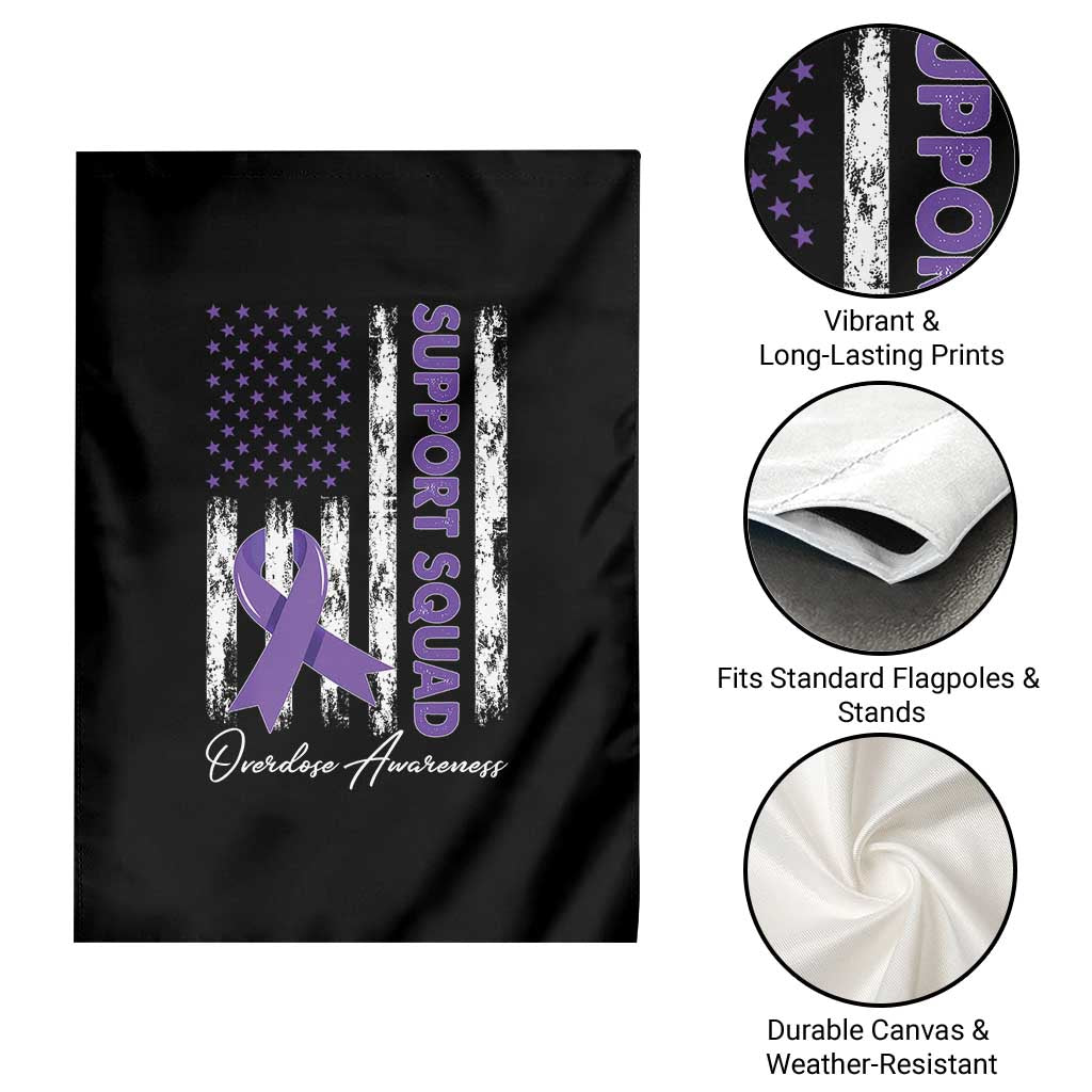 Support Squad Overdose Awareness Garden Flag Purple Ribbon American Flag Graphic