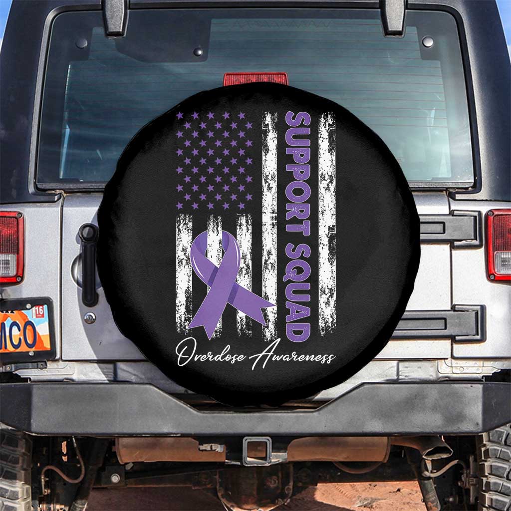 Support Squad Overdose Awareness Spare Tire Cover Purple Ribbon American Flag Graphic