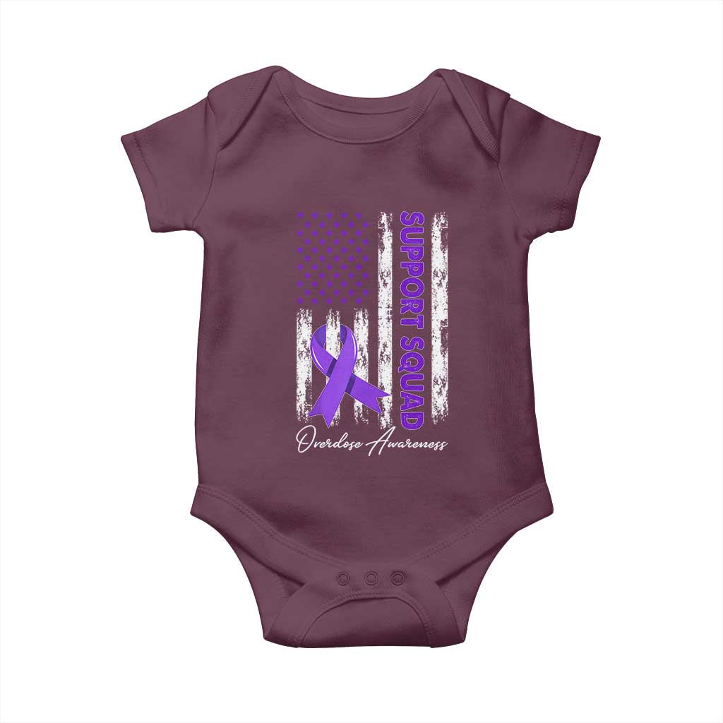 Support Squad Overdose Awareness Baby Onesie Purple Ribbon American Flag Graphic