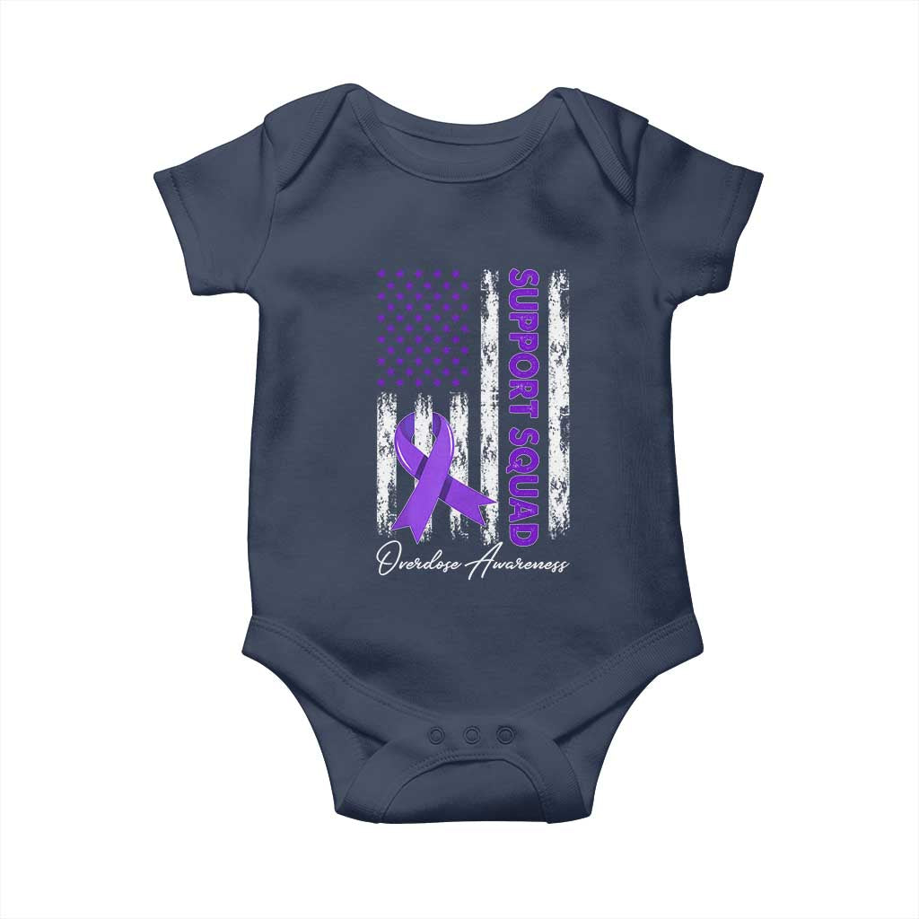 Support Squad Overdose Awareness Baby Onesie Purple Ribbon American Flag Graphic