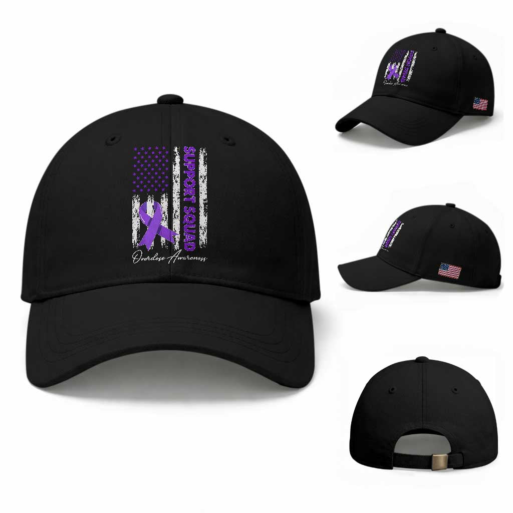 Support Squad Overdose Awareness Baseball Cap Purple Ribbon American Flag Graphic